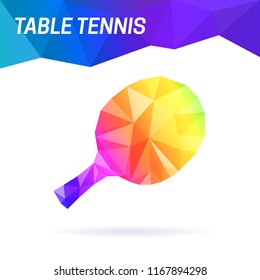 Vector illustration of colorful dynamic low poly triangles design racket for table tennis, game equipment, sport workout, fitness training element, active lifestyle emblem with shadow