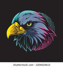 vector illustration colorful eagle head with the pose of stalking its prey with clouds background vintage illustration