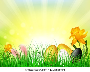 Ilustración vectorial de los coloridos huevos de Pascua escondidos en la hierba sobre fondo de rayos brillante para la celebración del festival de Pascua.