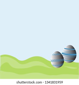 Vector illustration with colorful easter eggs on blue background and artistic grass. Cute festive card design.