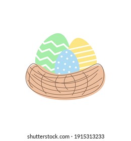 Vector illustration of colorful Easter eggs with ornaments in a nest. Flat style. Easter traditions. Easter egg hunt. Isolated on white background. 