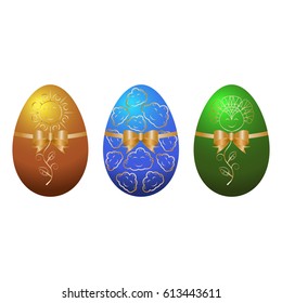Vector illustration of colorful easter eggs with patterns and ribbons with bow. Set of different painted eggs isolated on white background.