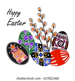 Vector illustration of colorful Easter eggs with abstract ornament. Black, blue,green and red Easter eggs with tradition decoration on it and spring willow branches. Happy Easter greeting card.