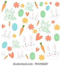 Vector illustration of colorful Easter pattern with rabbits, eggs and Frohe Ostern greeting words.