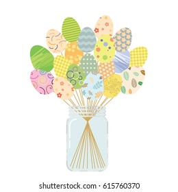 vector illustration of colorful eggs stylized on sticks in a jar for Easter greeting cards designs and decor
