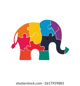 Vector illustration of a colorful elephant composed of interlocking jigsaw puzzle pieces in a playful abstract style