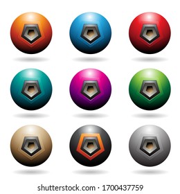 Vektorillustration Illustration von farbenfrohen, bespannten Lautsprechersymbolen mit Pentagon-Formen einzeln auf weißem Hintergrund