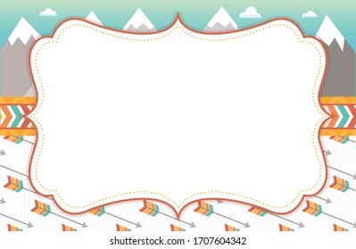 A vector illustration of a colorful empty frame with a background of a pattern of tribal arrows and mountains