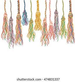 vector illustration of colorful ethnic style tassels hanging on the wall for beautiful handmade decor graphic and design products presentations