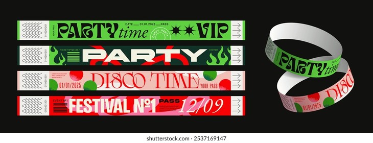 Vector illustration of colorful event wristbands for parties, festivals, VIP access. Green, red, and black designs with text like Party Time, Disco Time, and Festival No.1. Perfect for event branding