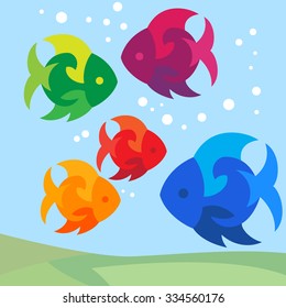 Vector illustration of colorful exotic puzzle fishes underwater
- Illustrator 8 and global color. Easy edit.