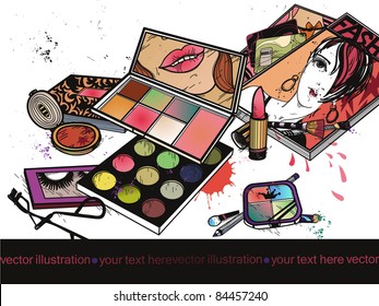 vector illustration of colorful eyeshadow, eyeliners and make up and fashion magazines