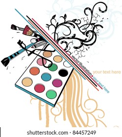 vector illustration of colorful eyeshadow and eyeliners and abstract plants
