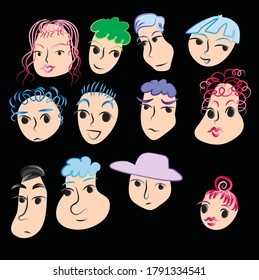 conjunto de diseño de cara coloreada de ilustración vectorial 