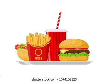 Vector Illustration. Colorful Fast Food On Tray.