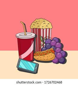Vector illustration of colorful fast food, such as french fries, humberger, hot dogs and popcorn. many delicious foods but fast food nutrition is not healthy for our body in our daily lifestyle