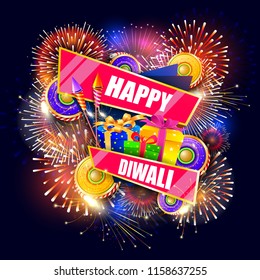vector illustration of colorful fire cracker with gift box for Happy Diwali festival holiday celebration of India greeting background