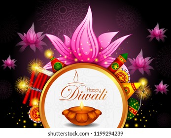 ilustração vetorial do cracker de fogo colorido com diya decorado para feliz Diwali festa celebração de férias da Índia saudação fundo