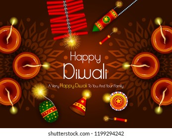 vector illustration of colorful fire cracker with decorated diya for Happy Diwali festival holiday celebration of India greeting background