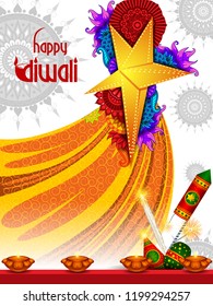 vector illustration of colorful fire cracker with decorated diya for Happy Diwali festival holiday celebration of India greeting background