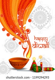 vector illustration of colorful fire cracker with decorated diya for Happy Diwali festival holiday celebration of India greeting background