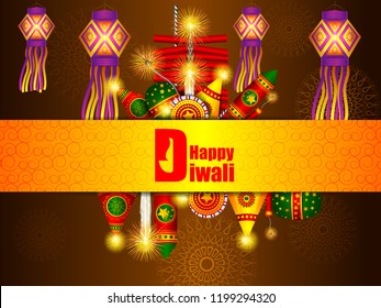 vector illustration of colorful fire cracker with decorated diya for Happy Diwali festival holiday celebration of India greeting background