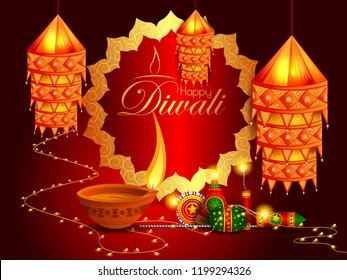vector illustration of colorful fire cracker with decorated diya for Happy Diwali festival holiday celebration of India greeting background