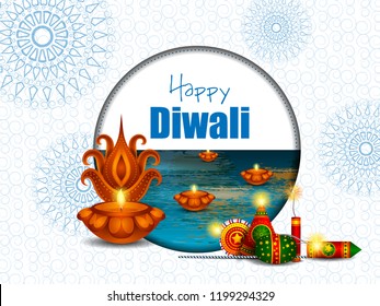 vector illustration of colorful fire cracker with decorated diya for Happy Diwali festival holiday celebration of India greeting background