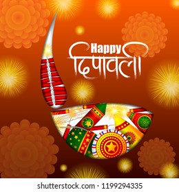 vector illustration of colorful fire cracker with decorated diya for Happy Diwali festival holiday celebration of India greeting background