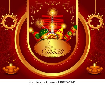 vector illustration of colorful fire cracker with decorated diya for Happy Diwali festival holiday celebration of India greeting background