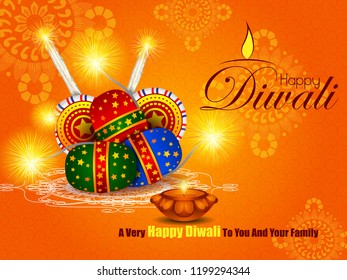 vector illustration of colorful fire cracker with decorated diya for Happy Diwali festival holiday celebration of India greeting background