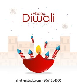 vector illustration of colorful fire cracker with decorated diya for Happy Diwali holiday of India