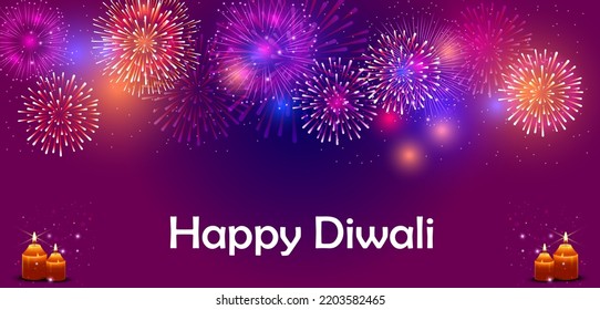 vector illustration of colorful fire cracker with decorated diya for Happy Diwali festival holiday celebration of India greeting background