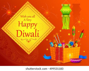 vector illustration of colorful fire cracker with decorated diya for Happy Diwali holiday of India