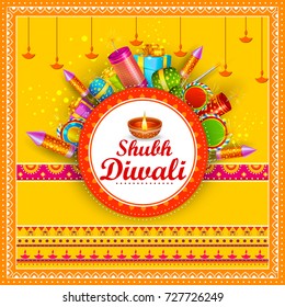vector illustration of colorful fire cracker with decorated diya for Happy Diwali festival holiday celebration of India greeting background