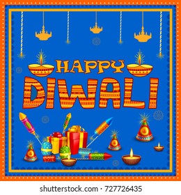 vector illustration of colorful fire cracker with decorated diya for Happy Diwali festival holiday celebration of India greeting background