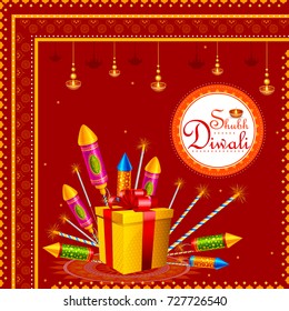 vector illustration of colorful fire cracker with decorated diya for Happy Diwali festival holiday celebration of India greeting background