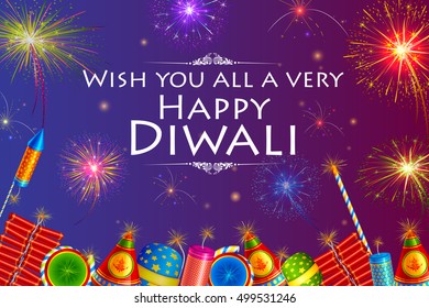 vector illustration of colorful firecracker with firework background for Happy Diwali holiday of India