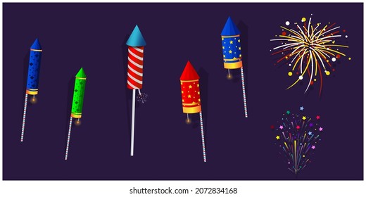 Ilustración vectorial de un cohete conjunto de petardos coloridos. Diversión de vacaciones