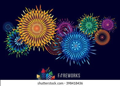 Vector illustration of colorful fireworks display with explosion of a rocket.