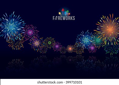 Vector illustration of colorful fireworks display with explosion of a rocket.