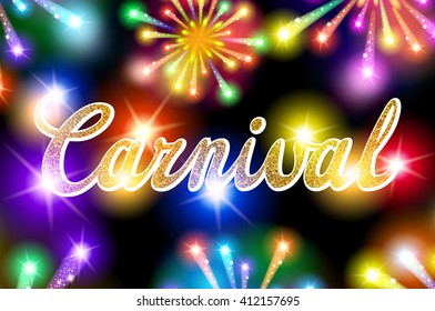 Vector illustration of colorful fireworks display with explosion of a rocket.  lettering carnival art