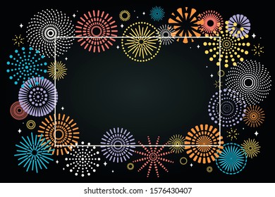 Vector illustration with colorful fireworks frame on a dark, black background, place for text. Flat style design. Concept for holiday celebration, greeting card, poster, banner, flyer.
