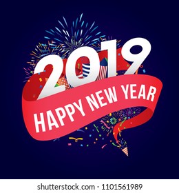 Vector illustration of Colorful fireworks. Happy new year 2019 theme