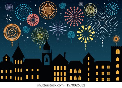 Vector illustration with colorful fireworks in the night sky over the black city, place for text. Flat style design. Concept for New Year celebration, holiday background, card, poster, banner.