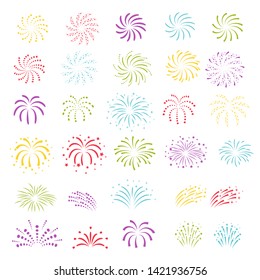 Vector illustration of colorful fireworks on white background, vector illustration. Holiday and party firework icons collection 