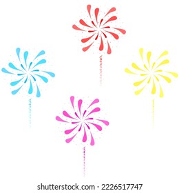 Vector illustration of colorful fireworks on a white background. Celebration of firecrackers exploded in the sky. Great for Christmas, New Year, holidays and party celebrations.
