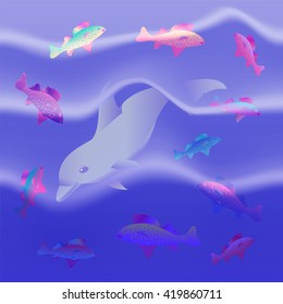 Vector Illustration. Colorful Fish and Dolphin in Blue Waves Gently Shimmering from dark to light.  