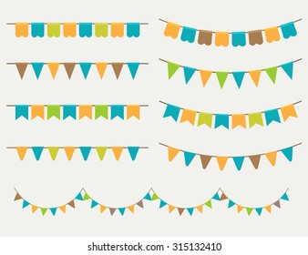 Vector Illustration of colorful flag carlands on grey background. Retro colors buntings and flags. Holiday set.