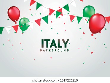 Vector Illustration Colorful Flags, Balloos And Confetti Of Italy. Festive Celebration Party Background.